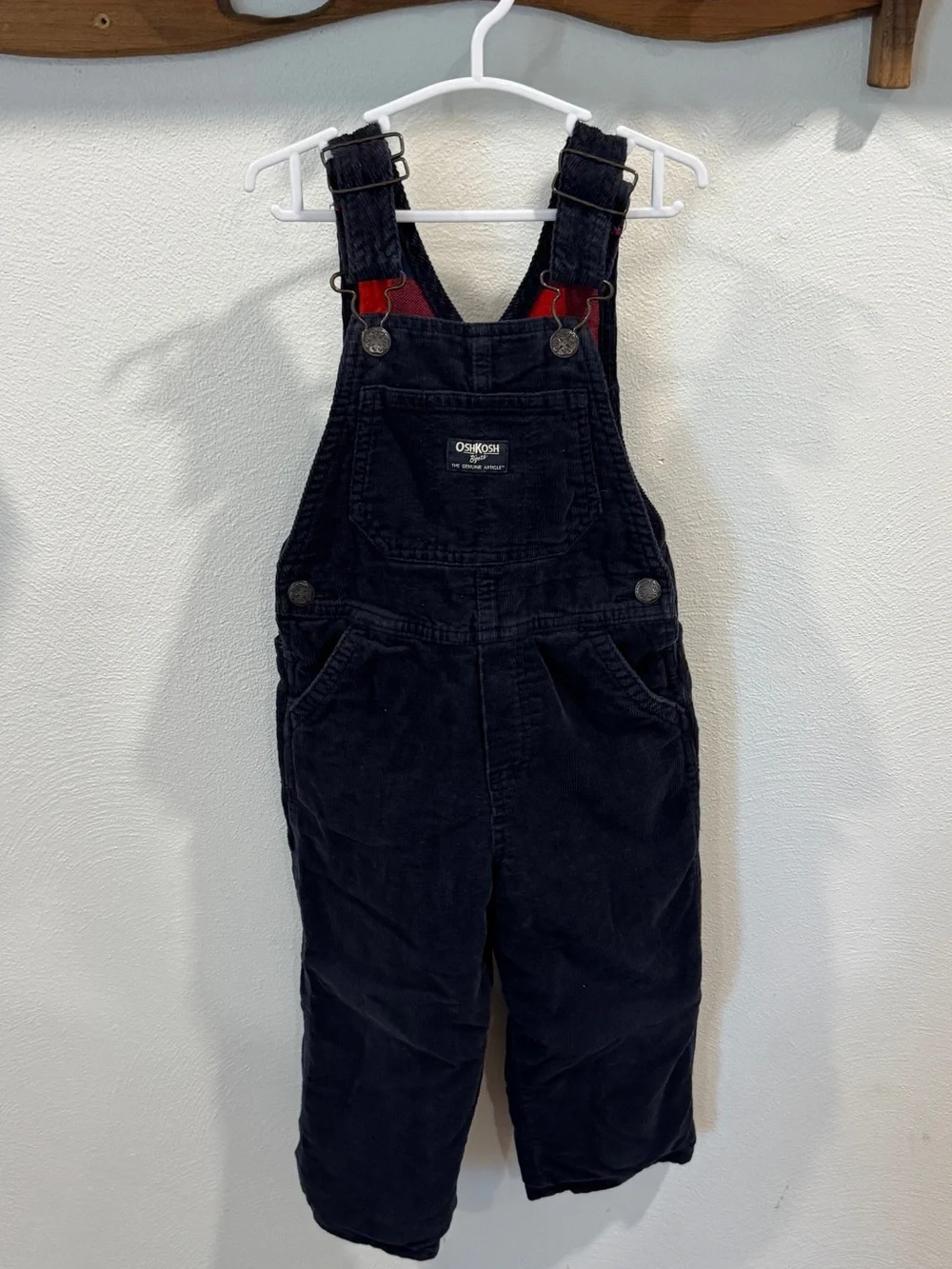 3T OshKosh B'gosh Navy Corduroy Kids Overalls with Plaid Flannel Lining